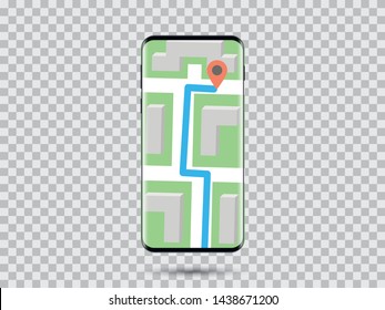 A realistic smartphone with a map on the screen isolated on the transparent background. Taxi app stock vector illustration. 