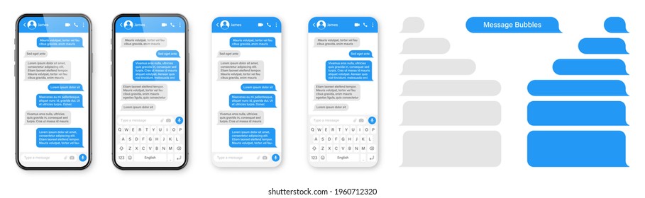 Realistic smartphone with messaging app. Blank SMS text frame. Messenger chat screen with blue message bubbles. Social media application. Vector illustration.