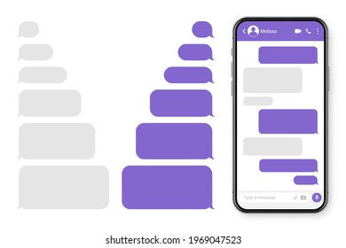 Realistic smartphone with messaging app. Blank SMS text frame. Messenger chat screen with violet message bubbles. Social media application. Vector illustration.