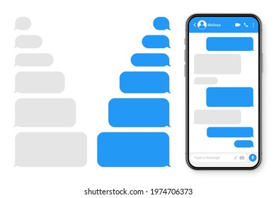 Realistic smartphone with messaging app. Blank SMS text frame. Messenger chat screen with blue message bubbles. Social media application. Vector illustration.