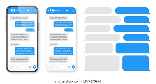 Realistic smartphone with messaging app. Blank SMS text frame. Messenger chat screen with blue message bubbles. Social media application. Vector illustration