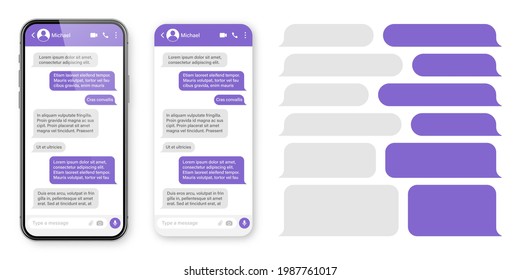 Smartphone realista con aplicación de mensajería. Marco de texto SMS en blanco. Pantalla de chat de Messenger con burbujas de mensajes violetas. Aplicación de medios sociales. Ilustración vectorial.