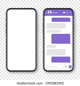 Realistic smartphone with messaging app. Blank SMS text frame. Messenger chat screen with violet message bubbles. Social media application. Vector illustration.