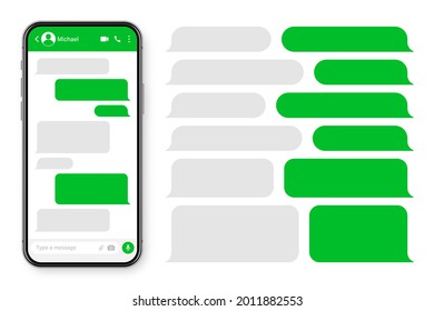 Realistic smartphone with messaging app. Blank SMS text frame. Conversation chat screen with green message bubbles. Social media application. Vector illustration.