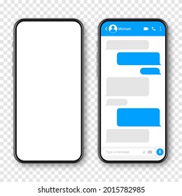 Realistic smartphone with messaging app. Blank SMS text frame. Conversation chat screen with blue message bubbles. Social media application. Vector illustration.