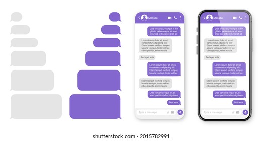 Smartphone realista con aplicación de mensajería. Marco de texto SMS en blanco. Pantalla de chat de conversación con burbujas de mensajes violetas. Aplicación de medios sociales. Ilustración vectorial.