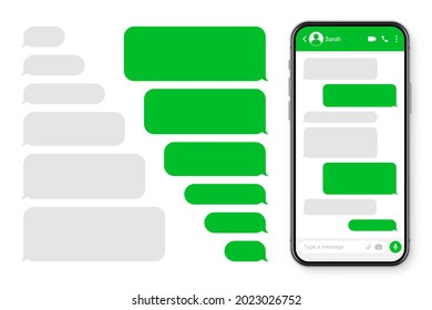 Smartphone realista con aplicación de mensajería. Marco de texto SMS en blanco. Pantalla de chat de conversación con burbujas de mensajes verdes. Aplicación de medios sociales. Ilustración vectorial.