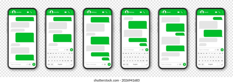 Smartphone realista con aplicación de mensajería. Marco de texto SMS en blanco. Pantalla de chat de conversación con burbujas de mensajes verdes. Aplicación de medios sociales. Ilustración vectorial.