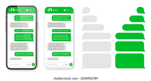 Realistic smartphone with messaging app. Blank SMS text frame. Conversation chat screen with green message bubbles. Social media application. Vector illustration.