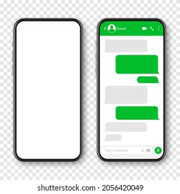 Realistic smartphone with messaging app. Blank SMS text frame. Conversation chat screen with green message bubbles. Social media application. Vector illustration.