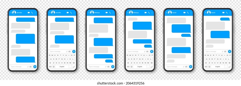 Smartphone realista con aplicación de mensajería. Marco de texto SMS en blanco. Pantalla de chat de conversación con burbujas de mensajes azules. Aplicación de medios sociales. Ilustración vectorial.