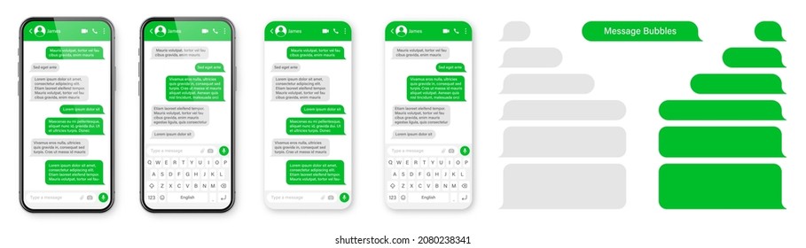 Realistic smartphone with messaging app. Blank SMS text frame. Conversation chat screen with green message bubbles. Social media application. Vector illustration.