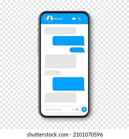 Realistic smartphone with messaging app. Blank SMS text frame. Conversation chat screen with blue message bubbles. Social media application. Vector illustration.