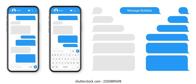 Realistic smartphone with messaging app. Blank SMS text frame. Conversation chat screen with blue message bubbles. Social media application. Vector illustration.