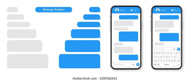 Realistic Smartphone With Messaging App. Blank SMS Text Frame. Conversation Chat Screen With Blue Message Bubbles. Social Media Application. Vector Illustration.