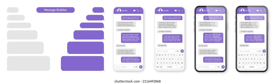 Realistic smartphone with messaging app. Blank SMS text frame. Conversation chat screen with violet message bubbles. Social media application. Vector illustration.