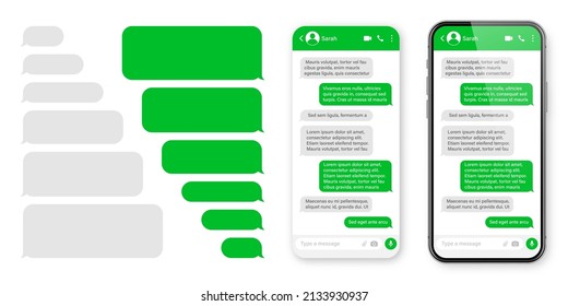 Realistic smartphone with messaging app. Blank SMS text frame. Conversation chat screen with green message bubbles. Social media application. Vector illustration.