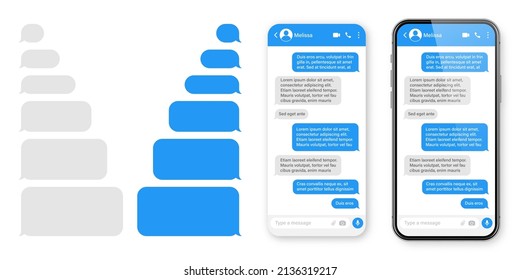 Smartphone realista con aplicación de mensajería. Marco de texto SMS en blanco. Pantalla de chat de conversación con burbujas de mensajes azules. Aplicación de medios sociales. Ilustración vectorial.