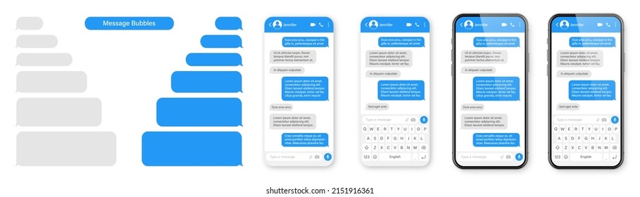 Realistic smartphone with messaging app. Blank SMS text frame. Conversation chat screen with blue message bubbles. Social media application. Vector illustration.