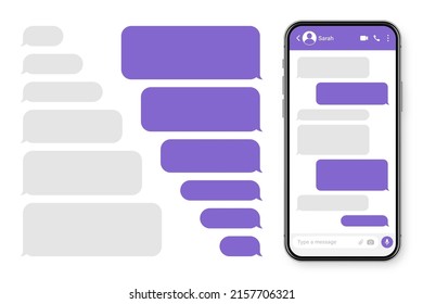 Smartphone realista con aplicación de mensajería. Marco de texto SMS en blanco. Pantalla de chat de conversación con burbujas de mensajes violetas. Aplicación de medios sociales. Ilustración vectorial.