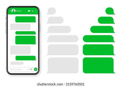 Realistic smartphone with messaging app. Blank SMS text frame. Conversation chat screen with green message bubbles. Social media application. Vector illustration.