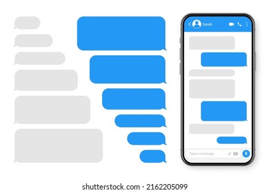 Smartphone realista con aplicación de mensajería. Marco de texto SMS en blanco. Pantalla de chat de conversación con burbujas de mensajes azules. Aplicación de medios sociales. Ilustración vectorial.