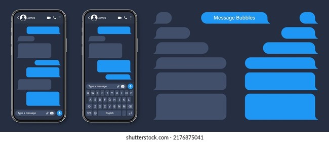 Smartphone realista con aplicación de mensajería. Marco de texto SMS en blanco. Pantalla de chat de conversación con burbujas de mensajes azules. Aplicación de medios sociales. Ilustración vectorial.