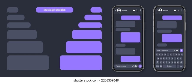Realistic smartphone with messaging app. Blank SMS text frame. Conversation chat screen with violet message bubbles. Social media application. Vector illustration.