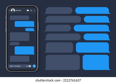 Realistisches Smartphone mit Messaging-App. Blank SMS-Textrahmen. Chatbildschirm mit blauen Nachrichtenblasen. Social Media-Anwendung. Vektorgrafik.