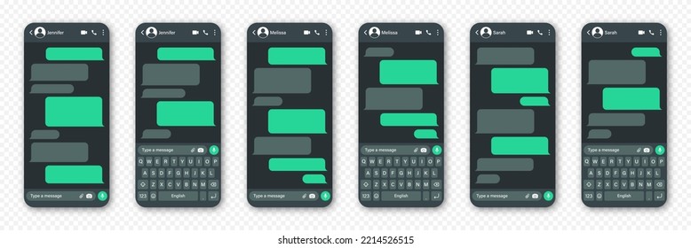 Smartphone realista con aplicación de mensajería. Marco de texto SMS en blanco. Pantalla de chat de conversación con burbujas de mensajes verdes. Aplicación de medios sociales. Modo oscuro. Ilustración del vector