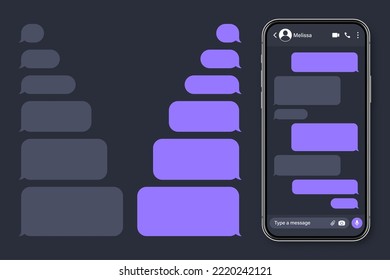 Smartphone realista con aplicación de mensajería. Marco de texto SMS en blanco. Pantalla de chat de conversación con burbujas de mensajes violetas. Aplicación de medios sociales. Ilustración vectorial.