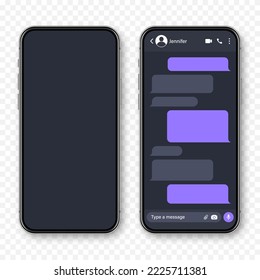 Realistic smartphone with messaging app. Blank SMS text frame. Conversation chat screen with violet message bubbles. Social media application. Vector illustration.