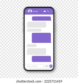 Realistic smartphone with messaging app. Blank SMS text frame. Conversation chat screen with violet message bubbles. Social media application. Vector illustration.