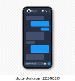 Realistic smartphone with messaging app. Blank SMS text frame. Conversation chat screen with blue message bubbles. Social media application. Vector illustration.