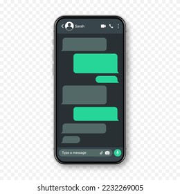 Smartphone realista con aplicación de mensajería. Marco de texto SMS en blanco. Pantalla de chat de conversación con burbujas de mensajes verdes. Aplicación de medios sociales. Modo oscuro. Ilustración del vector