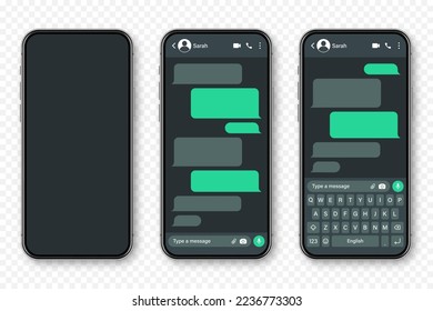 Realistic smartphone with messaging app. Blank SMS text frame. Conversation chat screen with green message bubbles. Social media application. Dark mode. Vector illustration