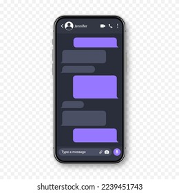 Realistisches Smartphone mit Messaging-App. Blank SMS-Textrahmen. Konversationsbildschirm mit violetter Nachrichtenblase. Social Media-Anwendung. Vektorgrafik.