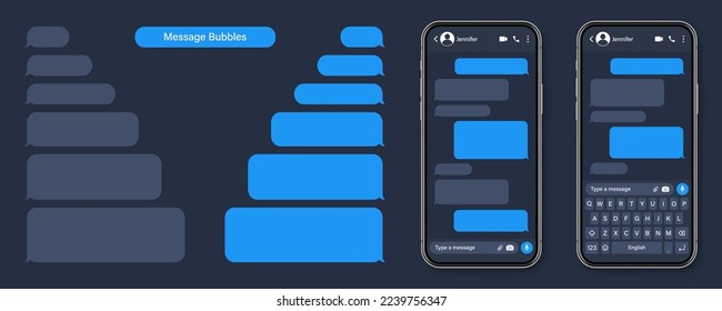 Realistic smartphone with messaging app. Blank SMS text frame. Conversation chat screen with blue message bubbles. Social media application. Vector illustration.
