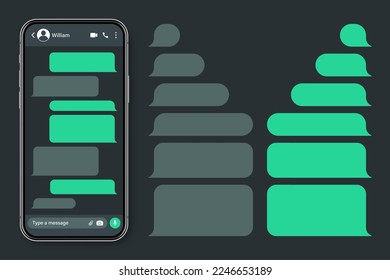 Realistisches Smartphone mit Messaging-App. Blank SMS-Textrahmen. Gesprächsbildschirm mit grünen Nachrichtenblasen. Social Media-Anwendung. Dunkler Modus. Vektorgrafik