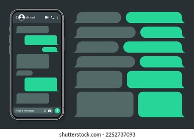 Realistic smartphone with messaging app. Blank SMS text frame. Conversation chat screen with green message bubbles. Social media application. Dark mode. Vector illustration
