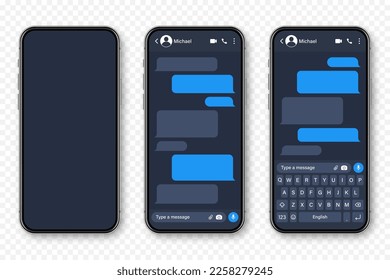 Realistic smartphone with messaging app. Blank SMS text frame. Conversation chat screen with blue message bubbles. Social media application. Vector illustration.