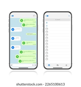 Realistic smartphone with messaging app. Blank SMS text frame. Messenger chat screen with blue message bubbles. Social media application. Vector illustration.