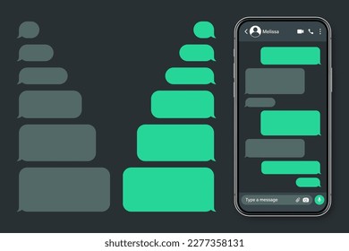 Realistic smartphone with messaging app. Blank SMS text frame. Conversation chat screen with green message bubbles. Social media application. Dark mode. Vector illustration