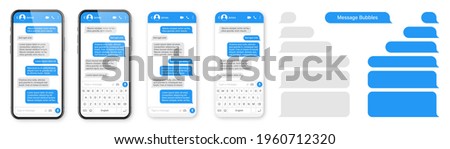 Realistic smartphone with messaging app. Blank SMS text frame. Messenger chat screen with blue message bubbles. Social media application. Vector illustration. Сток-фото © 