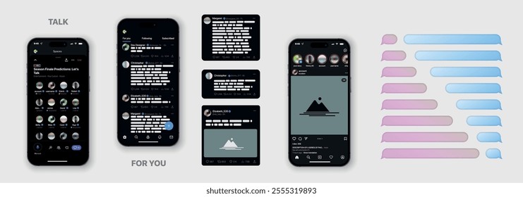 Realistic smartphone with messaging app. Conversation chat screen with blue message bubbles. Blank SMS text frame. Phone chatting sms template bubbles. Isolated smartphone.