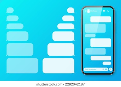 Realistic smartphone with messaging app on colorful blue background. Blank SMS text frame. Chat screen with transparent message bubbles. Social media application. Vector illustration