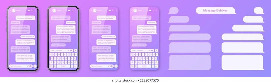 Realistic smartphone with messaging app on colorful violet background. Blank SMS text frame. Chat screen with transparent message bubbles. Social media application. Vector illustration