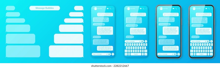 Smartphone realista con aplicación de mensajería con fondo azul colorido. Marco de texto SMS en blanco. Pantalla de chat con burbujas de mensajes transparentes. Aplicación de medios sociales. Ilustración del vector