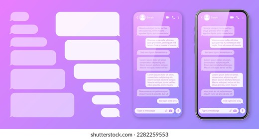 Smartphone realista con aplicación de mensajería con fondo violeta colorido. Marco de texto SMS en blanco. Pantalla de chat con burbujas de mensajes transparentes. Aplicación de medios sociales. Ilustración del vector