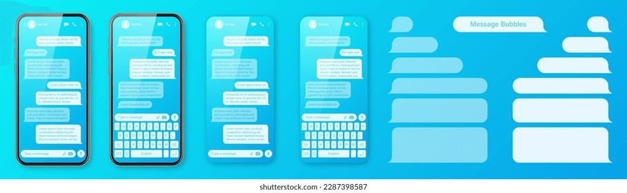 Smartphone realista con aplicación de mensajería con fondo azul colorido. Marco de texto SMS en blanco. Pantalla de chat con burbujas de mensajes transparentes. Aplicación de medios sociales. Ilustración del vector